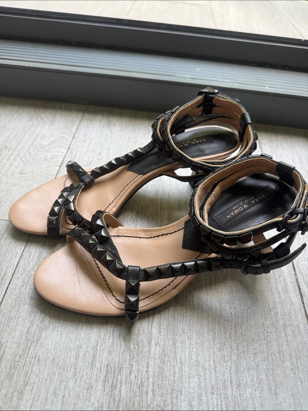 Zara Black Studded T-Strap Ankle Sandals size 37 Heels